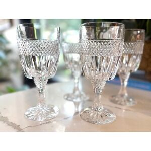 Set of 5 Vintage Crystal Wine Glasses Diamond Wedge Cut Starburst Base Goblets